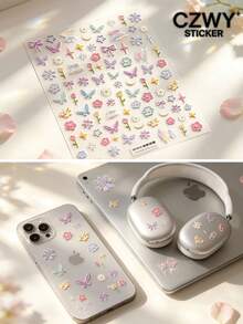 1pc Faux Embroidery Floral & Butterfly Theme Decorative Sticker With Tweezers, Self-Adhesive, Multiple Styles Floral & Butterfly Combination Patterns, Suitable For Phone Case, Earphone Case, Headset, Laptop - Floral Style - View 1