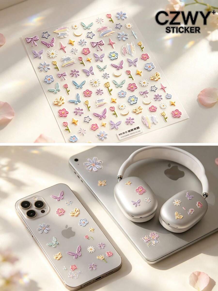 1pc Faux Embroidery Floral & Butterfly Theme Decorative Sticker With Tweezers, Self-Adhesive, Multiple Styles Floral & Butterfly Combination Patterns, Suitable For Phone Case, Earphone Case, Headset, Laptop - Floral Style - View 1