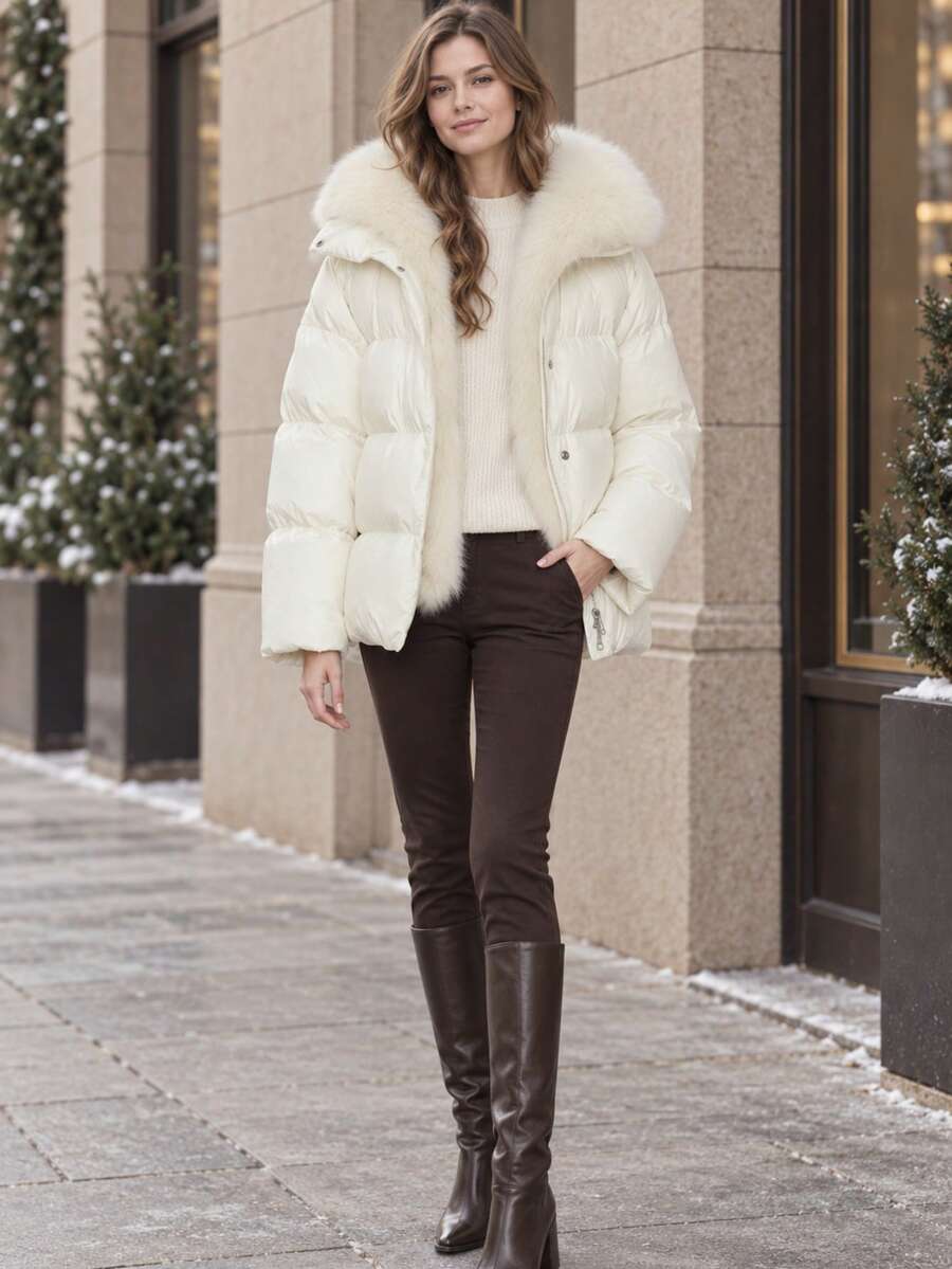 Women's Winter Quilted Long Sleeve Regular Fit Outerwear, Regular Length Fashion Casual Jacket - Beige - View 1