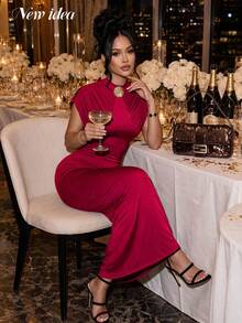 New Idea Women Fall Outfits High Neck Cap Sleeve Draped Ruched Maxi Dress Wedding Guest Evening Party Gown - Burgundy - View 5