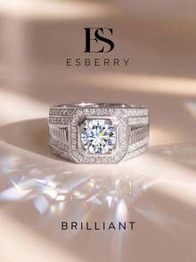 ESBERRY 1pc Moissanite Ring, Luxury 1 Carat Full Diamond Men's Ring, Suitable For Men's Wedding And Daily Wear - Silver - View 2