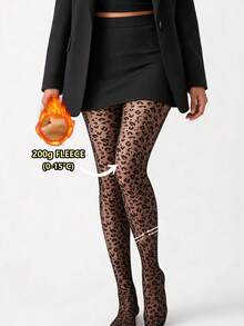 1pc Women Leopard Print Fleece Lined Tights,200g Fleece,For 0‑15℃,Stretchy Warm Patterned Pantyhose,Winter Daily Wear - Multicolor - View 3