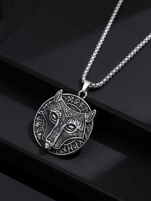 1pc Fashionable European & American Vintage Personalized Hip Hop Round Celtic Wolf Head Pendant Necklace, Suitable For Men's Daily Street Party Wear - Antique Silver - View 6