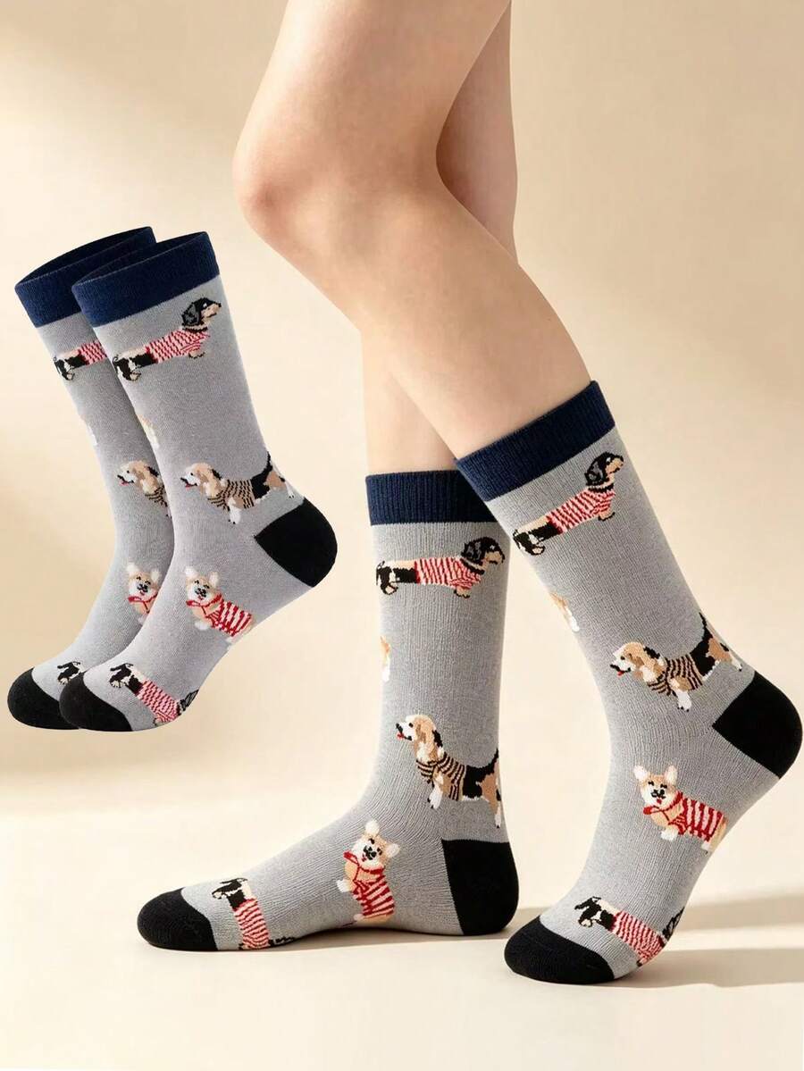 5 Pairs Cute Animal Print Mid-Calf Socks, Dachshund, Flamingo, Seal, Kitten, Seagull Fun Pattern Long Socks, Contrast Color Cuff Design, Unisex Casual Socks, Autumn/Winter Daily & Party Wear Accessory, Creative Thanksgiving, Christmas Gift Idea - Multicolor - View 1