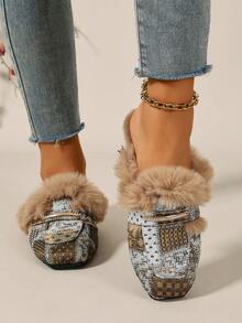 2026 Autumn/Winter Vintage Women's Closed-Toe Mule Slippers, Jacquard Fabric Faux Fur With Rhinestone Decor, Slip-On Warm Non-Chafing, Home Commute Daily Streetwear - Brownish Green - View 4