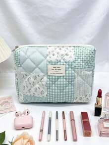 1pc/Set Blue Patchwork Pattern Makeup Bag, Fashionable Large Capacity Multi-Compartment Women's Handbag, Multi-Functional Travel Toiletry Bag, Storage Bag, Organizer Bag For Cosmetics, Makeup Tools And Other Items, Holiday Gift Souvenir - Blue - View 13