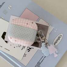 Pink Plaid & Blue Polka Dot Star Patchwork Earphone Case For AirPods Case 2/3/4/Pro/Pro2/Pro3, Shockproof Earphone Case With Pendant, Gift For Men And Women, Commuting Accessory, Fashionable & Creative, Combines Aesthetics And Practicality - Baby Blue - View 3