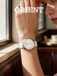 Orient Women's Quartz Watch With Silver Shell Mother Of Pearl Dial, Rose Gold Roman Numeral Hour Markers With Rhinestones, White Embossed Leather Strap, Gentle Sweet Luxury Style - White - View 3