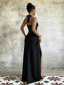Women's Black Elegant Halter Neck Backless High Slit Evening Party Dress - Black - View 3