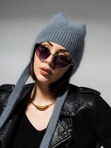 1pc Women's Autumn/Winter Solid Color Fluffy Atmosphere Ear-Protective Warm Cat Ear Beanie Hat, Sweet Rabbit Fur Cute Knitted Hat - A - View 12