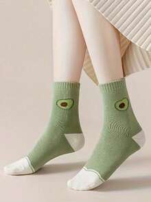 5 Pairs Random Women's Winter Socks, Fresh Green Avocado Design, Fleece‑Lined Thick Thermal Mid‑Calf Terry Socks, Home Sleep Socks For Cold Weather - Multicolor - View 6