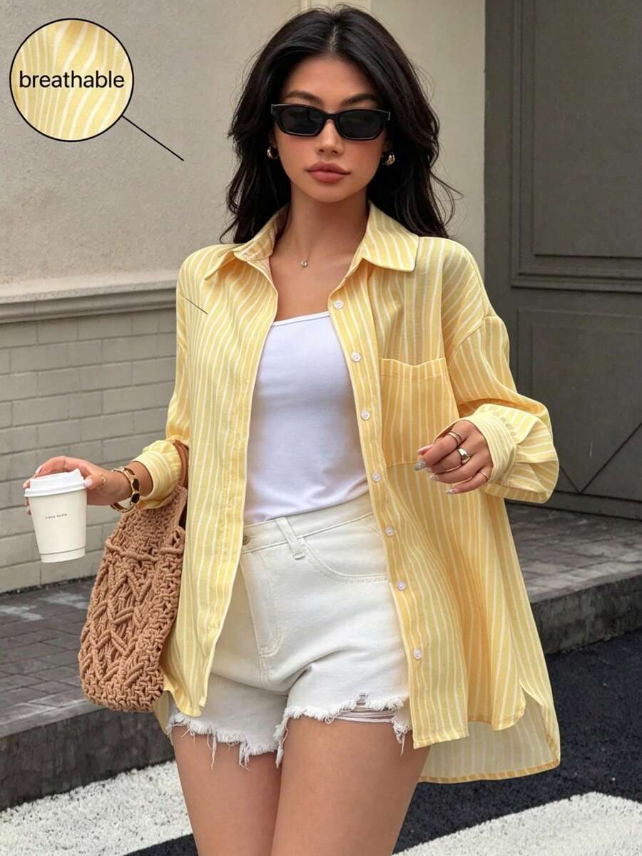 DEEKA Summer New Arrival Butter Yellow Graduation, Women Linen Loose Striped Casual Shirt - Yellow 1 - View 1