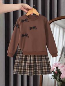 Tween Girls Autumn/Winter Brown Bow Decor Patchwork Plaid Versatile Streetwear Preppy Cute Casual Sweatshirt Dress - Rust Brown - View 8