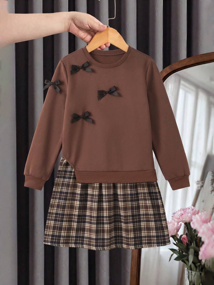 Tween Girls Autumn/Winter Brown Bow Decor Patchwork Plaid Versatile Streetwear Preppy Cute Casual Sweatshirt Dress - Rust Brown - View 1