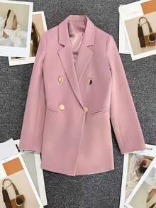 Spring/Summer Women's Solid Color Long Sleeve Double-Breasted Blazer, Notched Lapel | Ideal For Dates, Parties, Outings And Holiday Celebrations - Pink - View 8