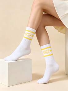 One Size Women's Mid-Calf Socks, Minimalist Design, Color Block Stripes, Letter & Heart Print, Suitable For Halloween, Party, Bridal Gift And Autumn/Winter Season - Multicolor - View 10