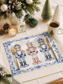 Taplak Meja Natal, Sarung Bantal, Alas Piring, Taplak Meja Motif Prajurit Nutcracker Gaya Porselen Biru Putih, Dekorasi Rumah Liburan Natal, Dekorasi Pesta Ruang Makan Dapur - MultiWarna - View 4