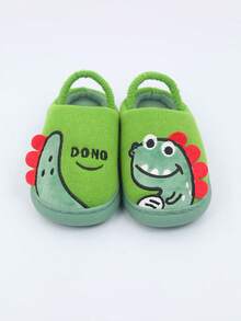 1 Pair New Cartoon Green Dinosaur Kids Slippers, Suitable For Autumn/Winter, Indoor Warm Thick Soft Sole Baby Plush Slippers With Non-Slip Bottom And Elastic Heel Strap - Green - View 10