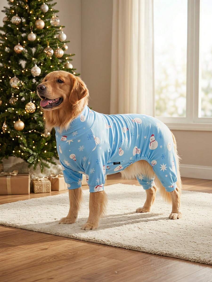 1PC Christmas Dog Pajamas - Soft Warm And High Stretch Full Coverage Pet Rompers, Anti Licking & Bug Protective Jumpsuit For Small Medium Large Dogs, Christmas All Over Printing Dog Clothes - Cute Cartoon Snowman Pattern - Multicolor - View 1