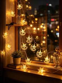 Hollow Moon‑Star Shaped LED String Lights, Battery‑Powered, Two Sizes Available, Warm Ambient Lights, Decorative Fairy Lights For Bedroom, Window, Party, Home & Festival Gathering Background - Warm Light - View 2