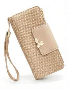 Women's Vintage Straw-Textured PU Long Patchwork Multi-Function Wallet, Large Capacity Card Holder With Exquisite Metal Flower Logo, Casual Wristlet Bag Suitable For Various Occasions - Multicolor - View 4