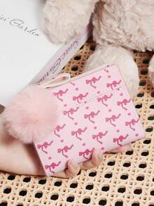 Ladies' Bow Printed Wallet Zipper Folding Button Short Wallet, With A Pom-Pom Charm, Suitable For Daily Commuting Travel - Hot Pink - View 10