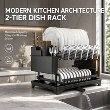 1pc Modern Carbon Steel Kitchen Dish Drying Rack, Large Capacity Double Layer No-Drill Storage Rack With Drainage Tray, Rust-Proof, Includes Chopstick Spoon Cup Holder, Suitable For Kitchen Sink Area And Dining Table Countertop, Kitchen Storage Organizer, Dishware Rack, Hanging Cup Rack, Knife Chopstick Spoon Storage Holder, Kitchen Supplies Aesthetic Decor, Desktop Sink Anti-Water Accumulation Storage Rack - Multicolor - View 11
