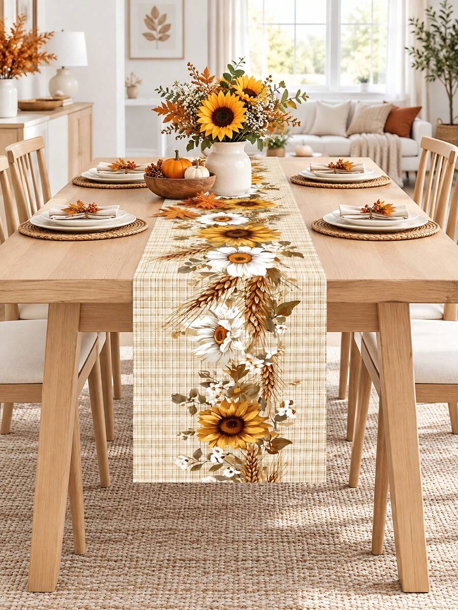 1PC Autumn Sunflower Table Runner, Linen Fall Harvest Tablecloth Runner With Sunflower, Daisy, Wheat And Plaid Floral Print, Rustic Farmhouse Dining Table Decor For Thanksgiving, Kitchen, Dining Room, Fall Party, Family Dinner And Home Decor - Multicolor - View 1