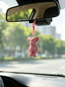 1pc Rhinestone Shiny Bear Car Rearview Mirror Hanging Decoration, Car Interior Decoration Accessory, Car Ornament - A - View 3
