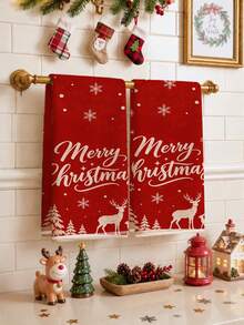2pcs Christmas Simple Red Forest Reindeer Illustration Merry Christmas Pattern Kitchen Towels, Soft Polyester Material Dish Cloths, Suitable For Kitchen Decor, Kitchen Cleaning, Holiday Party Decoration, Kitchen Bathroom Supplies Home Essentials, Home Decor, Housewarming Gift - Multicolor - View 2