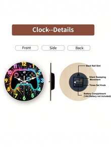 1pc Neon-Lit Game Controller Wall Clock - With Colorful Splashes Retro Gaming Decor - Suitable For Living Room, Bedroom, Office- Gamer Cave Gift, Wood Material Round Clock, 2D Flat - Multicolor - View 8