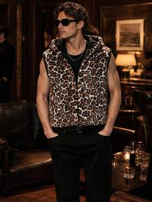Men's Faux Fur Hooded Leopard Print Jacket, Autumn/Winter Outdoor Casual Wear - Mocha Brown - View 1