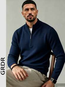 GRDR Men's Casual Long Sleeve Half-Zip Sweater, Versatile Everyday Wear Knitwear - Navy Blue - View 3