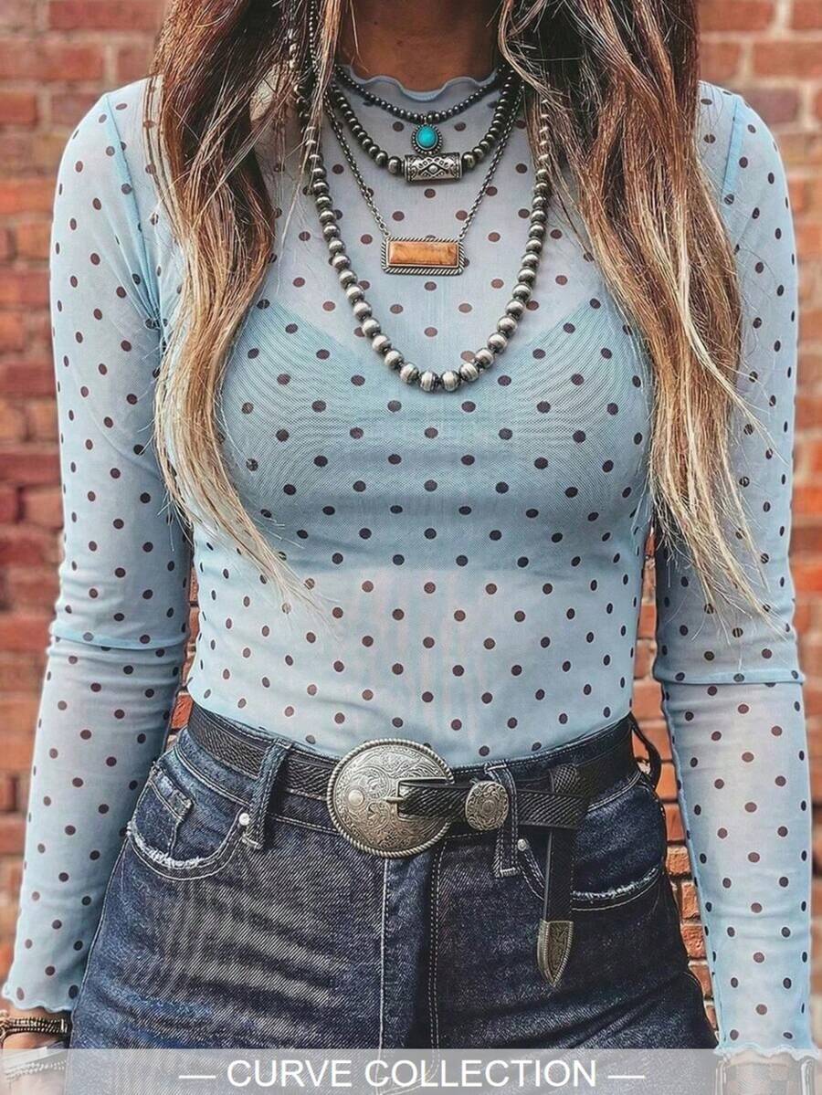 Atasan Wanita Ukuran Plus Motif Leopard Jala Kerah Tinggi Seksi Pas Badan Lengan Panjang Warna Cokelat, Cocok untuk Pemakaian Sehari-hari, Musim Semi dan Musim Gugur - MultiWarna - View 1