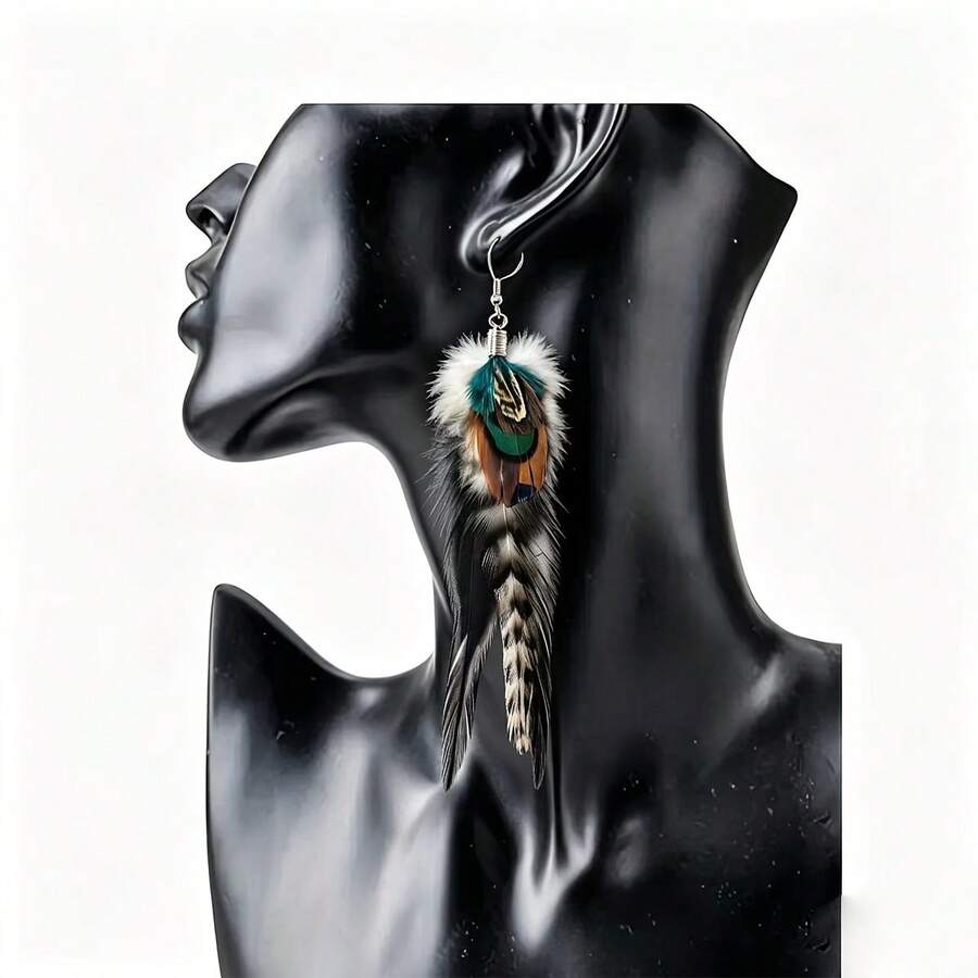 1 Pair Leopard Print Natural Feather Street Style Long Dangle Earrings For Women - Exotic - View 1