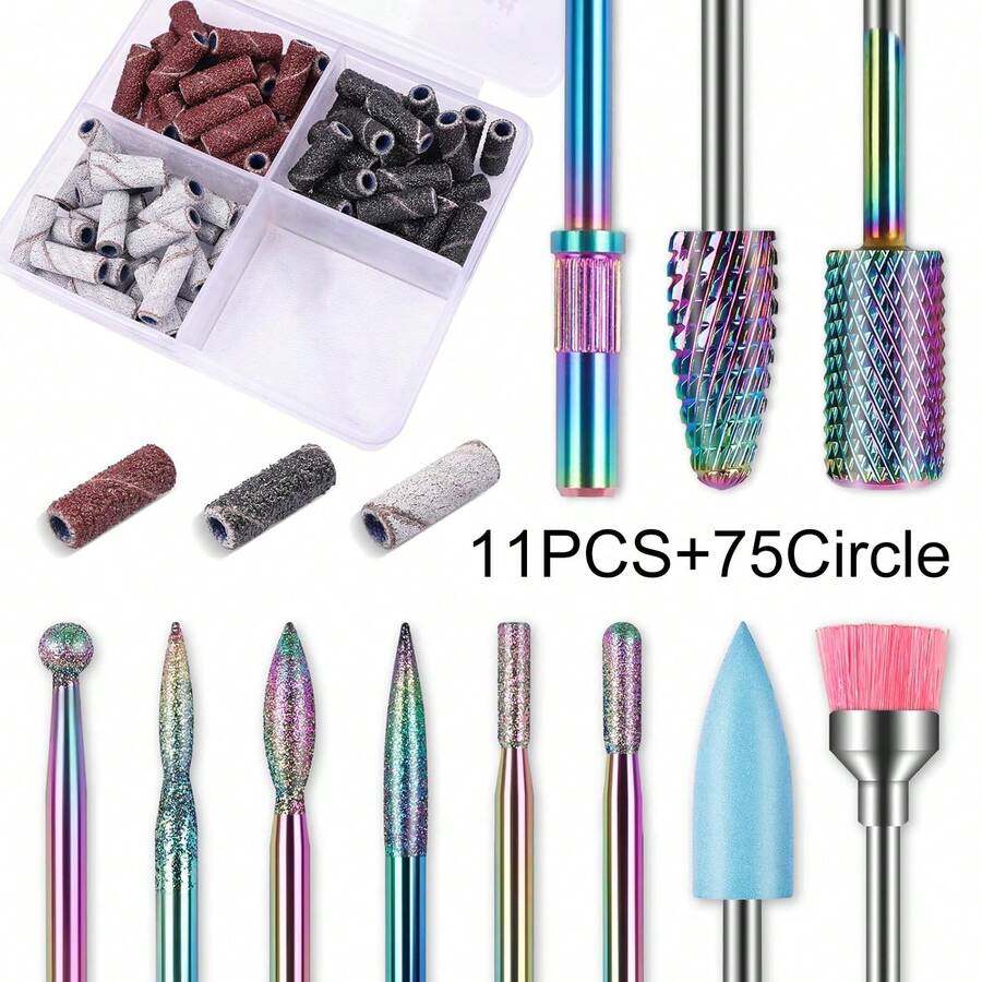 11Pcs+75Pcs 3.1MM Mini Nail Sanding Bands 180/120/80 Grit Professional Emery Diamond Nail Drill Bit Set Electric Manicure Nail File Bit For Acrylic Gel Manicure Tools Accessories - Multicolor - View 1