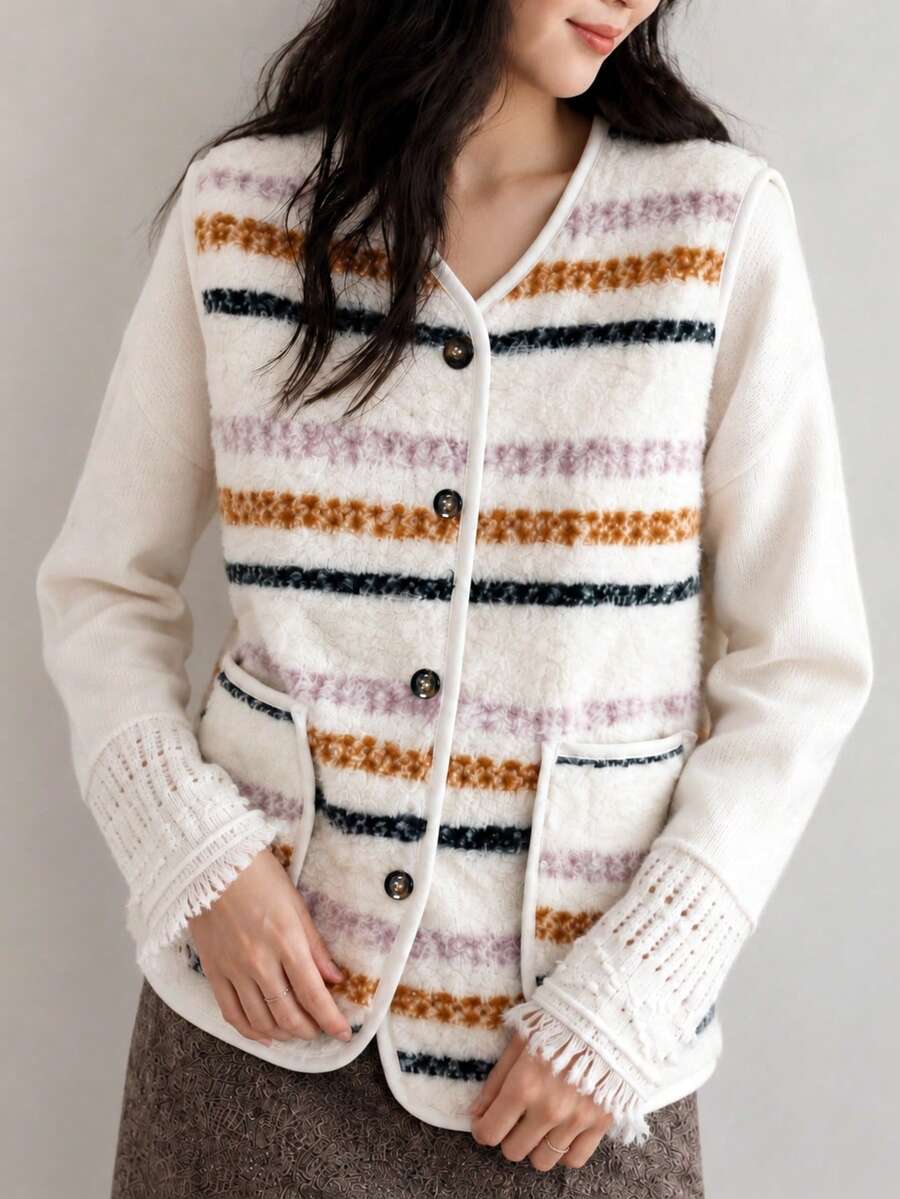 YUXIN 女款仿兔毛條紋背心，鈕扣前開襟口袋毛茸茸無袖開襟衫，復古學院風老錢風休閒疊穿上衣
