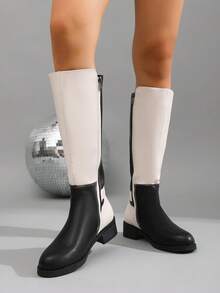 Black & White Colorblock PU Round Toe Low Chunky Heel High Shaft Riding Boots, Metal Square Buckle Strap Decor, Matte PU Leather, Black & White Contrast Patchwork, Rounded Toe, Low Square Chunky Heel, Straight High Shaft, Colorblock Shaft Design, Metal Square Buckle Strap Detail At Ankle, Rear Zipper Closure - Black and White - View 6