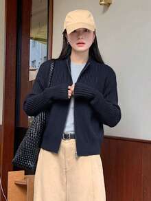 Women's Solid Color Zipper Front Long Sleeve Casual Knit Cardigan - Navy Blue - View 3