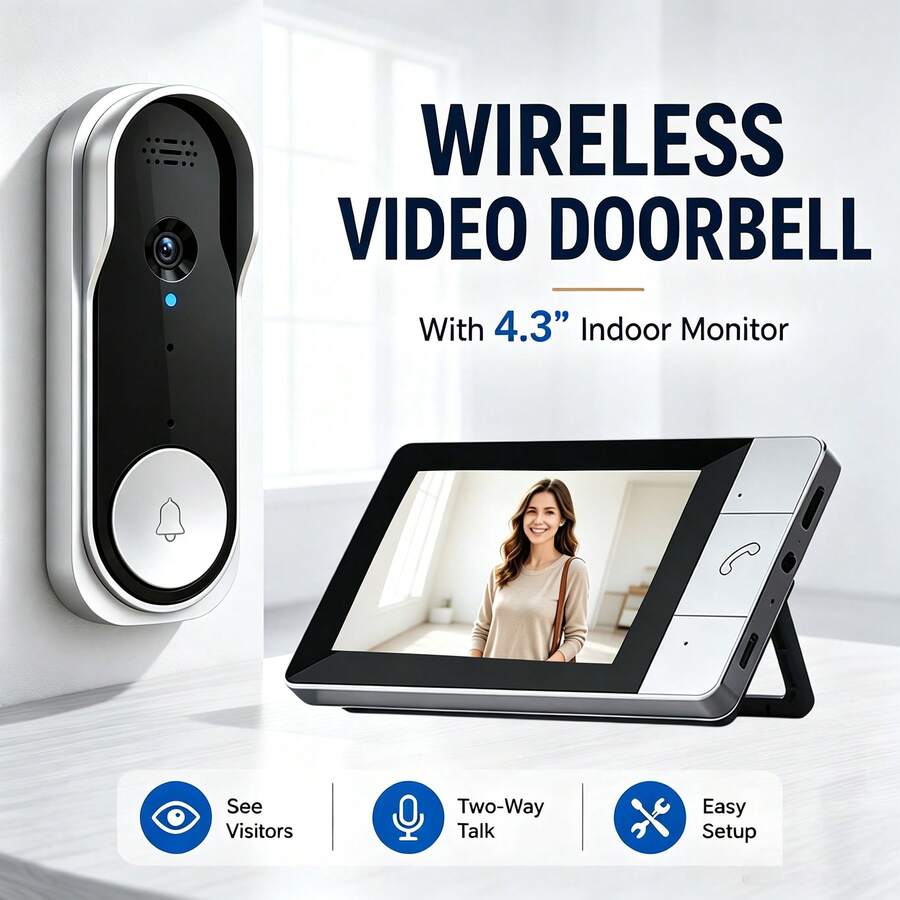 Wireless Video Doorbell Smart Doorbell 4.3 Inch Display 2.4G Wi-Fi Two-Way Audio Easy Wall Mount Installation Rechargeable Battery Motion Detection Auto Capture Remote Control