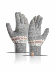 1 Pair Knitted Winter Warm Gloves, Double-Layer Fleece Lining Thickened Design, Textured Pattern, Suitable For Students - Multicolor - View 11