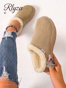 rlyza Women's Beach Fine Faux Fur Home Slippers, New Autumn/Winter Closed-Toe Half-Slide Shoes With Thermal Lining, Suitable For Outdoor Wear - Beige - View 1