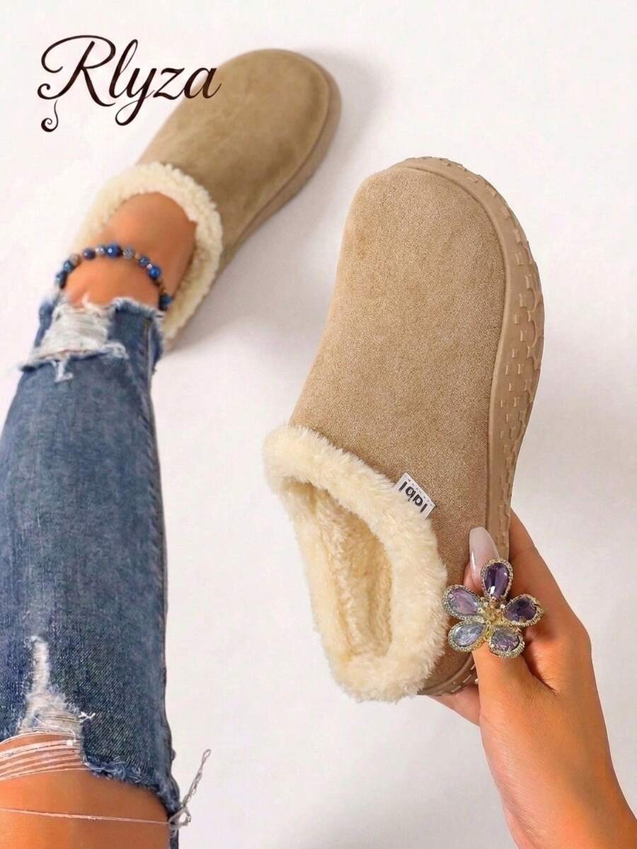 rlyza Women's Beach Fine Faux Fur Home Slippers, New Autumn/Winter Closed-Toe Half-Slide Shoes With Thermal Lining, Suitable For Outdoor Wear - Beige - View 1