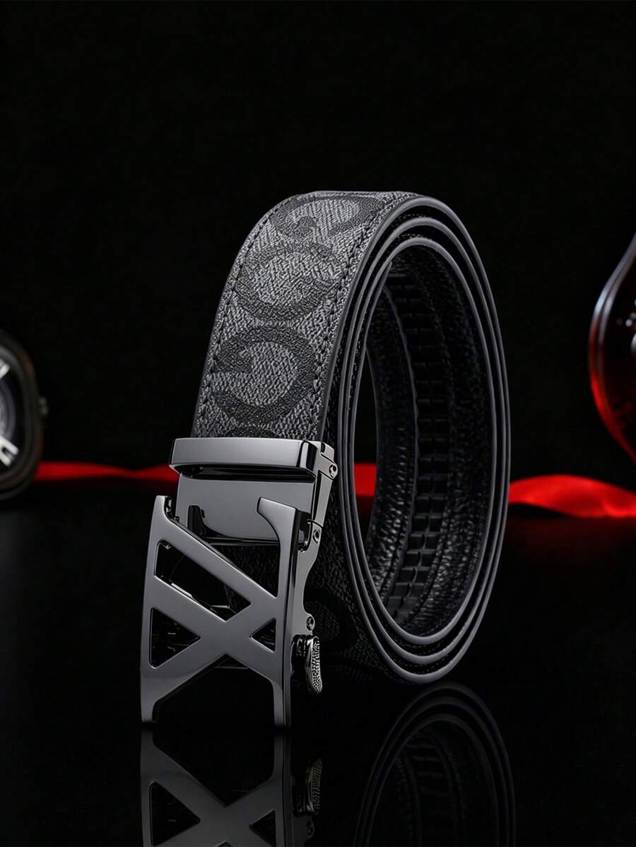 Thắt lưng nam tự động cài khóa kiểu vintage in họa tiết, da PU giả da, size lớn 47 inch, thắt lưng eo đa năng - Nhiều màu - Xem 1