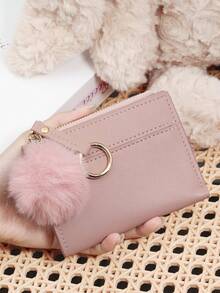 Adorned With A Delicate Pom-Pom, Ladies' Fashion Coin Wallet Zipper Folding Button Short Wallet With Small Wrist Circle Decoration, Daily Commuting - Lilac Purple - View 10