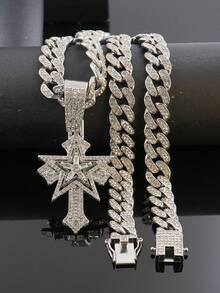 Men's Hip Hop Full Rhinestone Pentagram Cross Pendant Necklace, Silver-Tone Iced Out Cuban Chain, Rap Street Style Accessory - Star Cross Necklace - View 9
