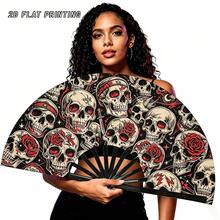 Kipas Lipat Sutra Tato Vintage Amerika, Motif Cetak Penuh Mawar & Tengkorak, Properti Foto Personalisasi untuk Festival Musik - MultiWarna - View 1