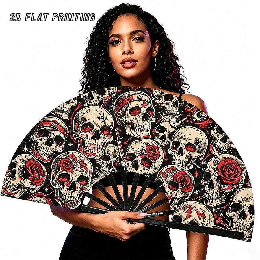 Kipas Lipat Sutra Tato Vintage Amerika, Motif Cetak Penuh Mawar & Tengkorak, Properti Foto Personalisasi untuk Festival Musik - MultiWarna - View 1