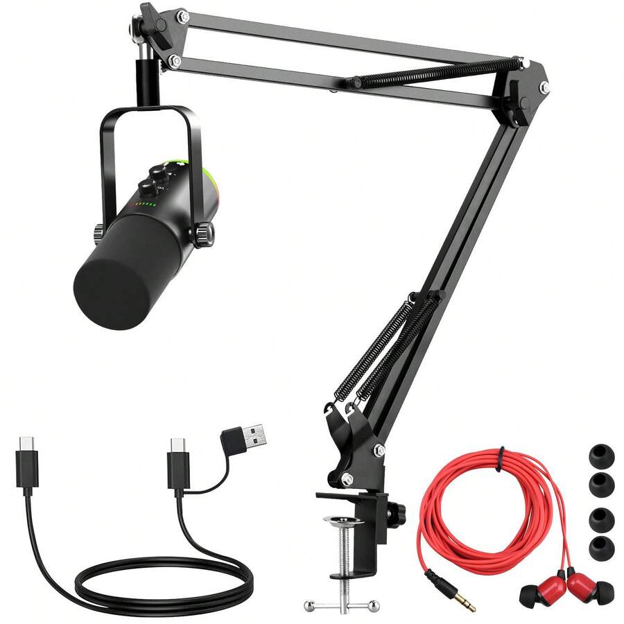Dynamic Podcast Microphone For Content Creators, Cardioid XLR/USB Mic, AI Noise Cancellation, Tap Mute, 3.5mm Jack For Monitoring, Volume Control, Microfono With Boom Arm, Black - View 1