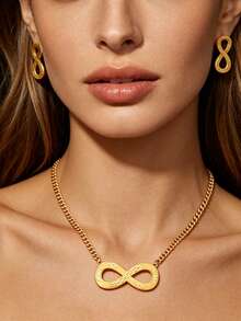 Letingsha Women's Gold Plated 2pcs Stainless Steel Jewelry Set, Infinity Cut Texture Pendant Necklace & Stud Earrings, Anti-Oxidation Design, Suitable For Casual, Holiday And Daily Wear - Yellow Gold - View 2